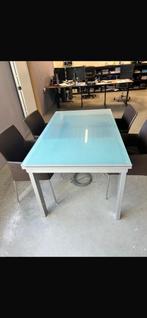 Glazen uitschuifbare tafel met grijs aluminium onderstel., Ophalen, Gebruikt, 200 cm of meer, 50 tot 100 cm