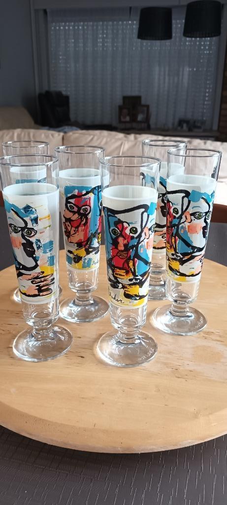 6 getekende & genummerde feestglazen met kunst Rudi Pillen, Huis en Inrichting, Woonaccessoires | Overige, Nieuw, Ophalen