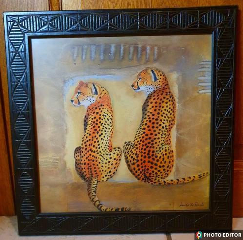Tableau avec cadre sculté 41x41cm Faune Afrique "Sheeta", Antiek en Kunst, Kunst | Litho's en Zeefdrukken, Ophalen of Verzenden