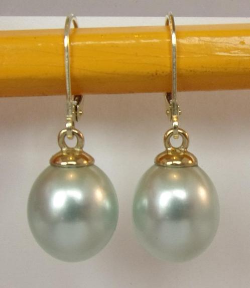 Geelgouden pareloorbellen 14K met zilvergrijze parels, Handtassen en Accessoires, Oorbellen, Nieuw, Hangers, Goud, Grijs, Met edelsteen