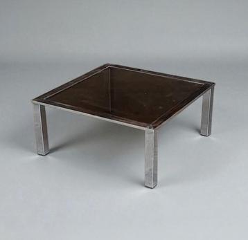 Table basse Vintage en verre fumé et Chrome 1970's  beschikbaar voor biedingen