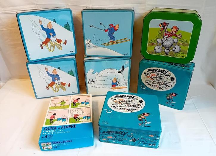 Lot boîtes à biscuits Tintin Spirou Gaston Lagaffe + puzzle, Verzamelen, Blikken, Gebruikt, Koek(jes), Ophalen