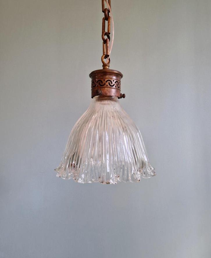 Holofaansuspensie in gegroefd glas, 1920-30, Antiek en Kunst, Antiek | Verlichting, Ophalen of Verzenden