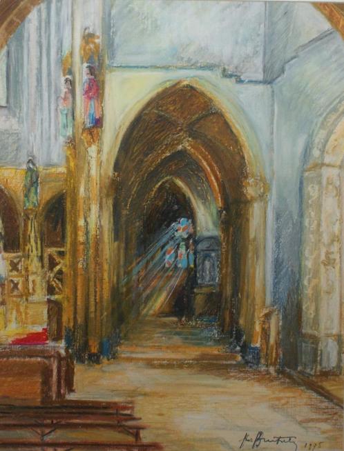 Jan Burtonboy: Kerkinterieur 1975 (47 x 57 cm), Antiek en Kunst, Kunst | Schilderijen | Klassiek, Ophalen of Verzenden
