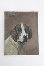 Cadre peinture 1900 Chien chasse foxhound "MAX" vintage NAIF, Antiquités & Art, Enlèvement ou Envoi
