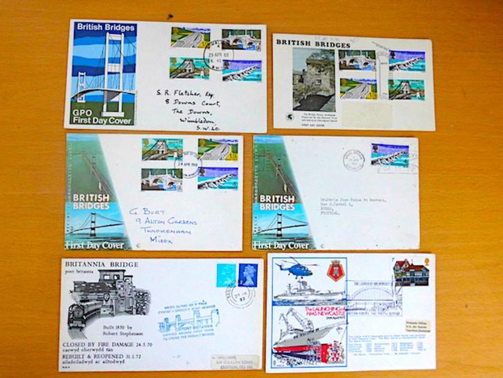 UK : 6 Britse FDC's : Bruggen (1968 - 1975), Postzegels en Munten, Postzegels | Europa | UK, Ophalen of Verzenden