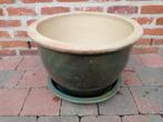 Mooie geëmailleerde terracotta bloempot met onder schaal, Tuin en Terras, Bloempotten, Tuin, Rond, Zo goed als nieuw, Minder dan 40 cm