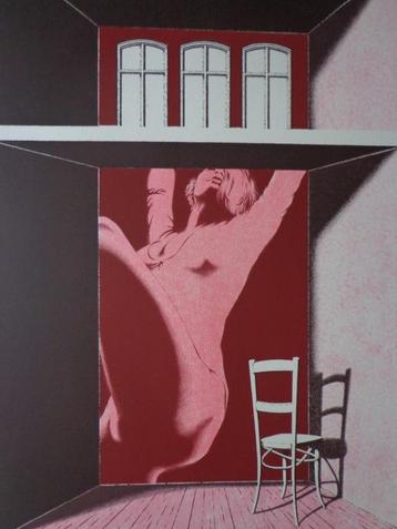 litho in kleur Carl Deroux "La chaise d'ombre"