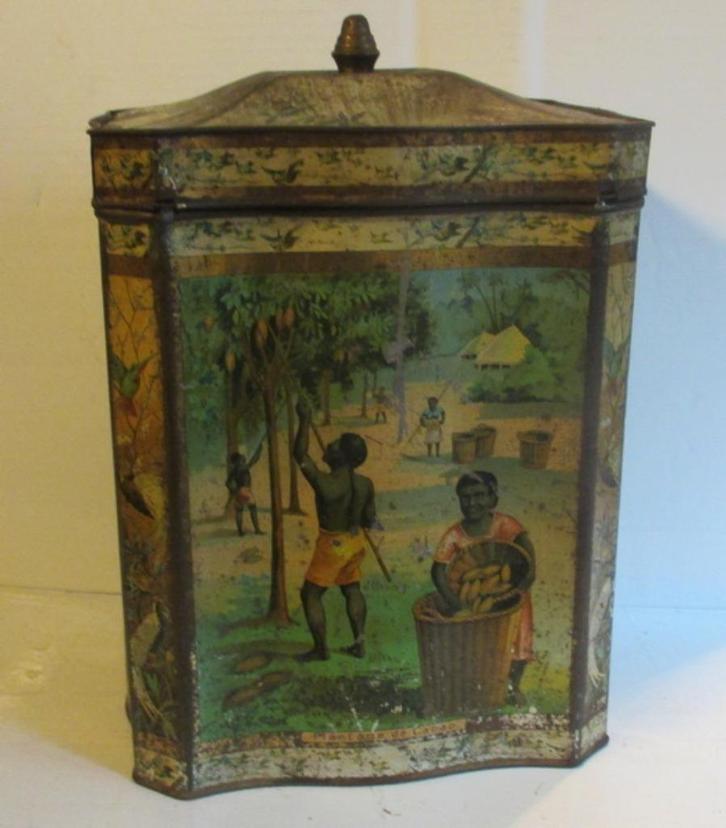 antieke koloniale blikken cacao doos vr Bensdorp Bekkers, Verzamelen, Blikken, Verzenden