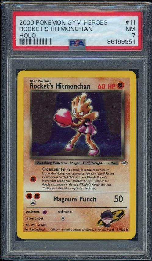 Rocket's Hitmonchan Holo PSA 7 - 11/132 - Gym Heroes 2000, Hobby en Vrije tijd, Verzamelkaartspellen | Pokémon, Zo goed als nieuw