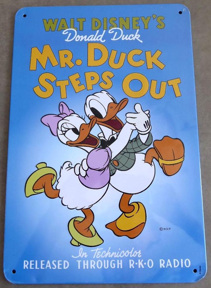 Metalen bordje „Donald Duck Mr. Duck Steps Out” van Disney, Verzamelen, Disney, Gebruikt, Donald Duck, Ophalen of Verzenden