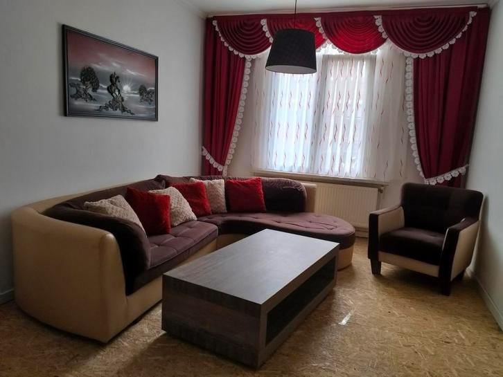 Hoeksalon + Fauteuil-Seats & Sofas + hanglamp + sierkussens, Huis en Inrichting, Zetels | Complete zithoeken, Gebruikt, Stof, Ophalen