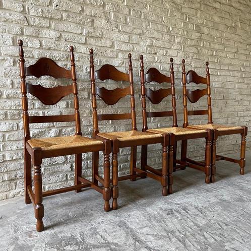 Midcentury French oak razor blade chairs, Huis en Inrichting, Stoelen, Zo goed als nieuw, Vier, Hout, Riet of Rotan, Overige kleuren