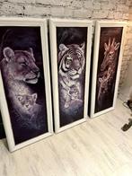 Schilderijen drieluik tijger leeuw giraf, Antiquités & Art, Art | Peinture | Classique, Enlèvement