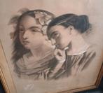 Tekening 'Brune & Blonde' - Louis Cailliau - 1849, Antiek en Kunst, Kunst | Tekeningen en Fotografie, Ophalen