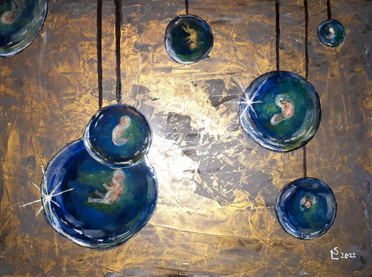 Peinture multi-media « bb boules de Noël », Antiquités & Art, Art | Peinture | Classique, Enlèvement ou Envoi