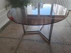 Tafel van mat staal en glas. 1,30 diameter, hoogte 70., Huis en Inrichting, Tafels | Salontafels, Ophalen, Gebruikt, 100 tot 150 cm