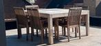 Massief teakhout: tafel van 160x160cm en 6 stoelen + kussens, Tuin en Terras, Ophalen, Gebruikt
