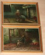 2 Oude schilderijen olie op paneel - Gesigneerd, Antiek en Kunst, Ophalen of Verzenden
