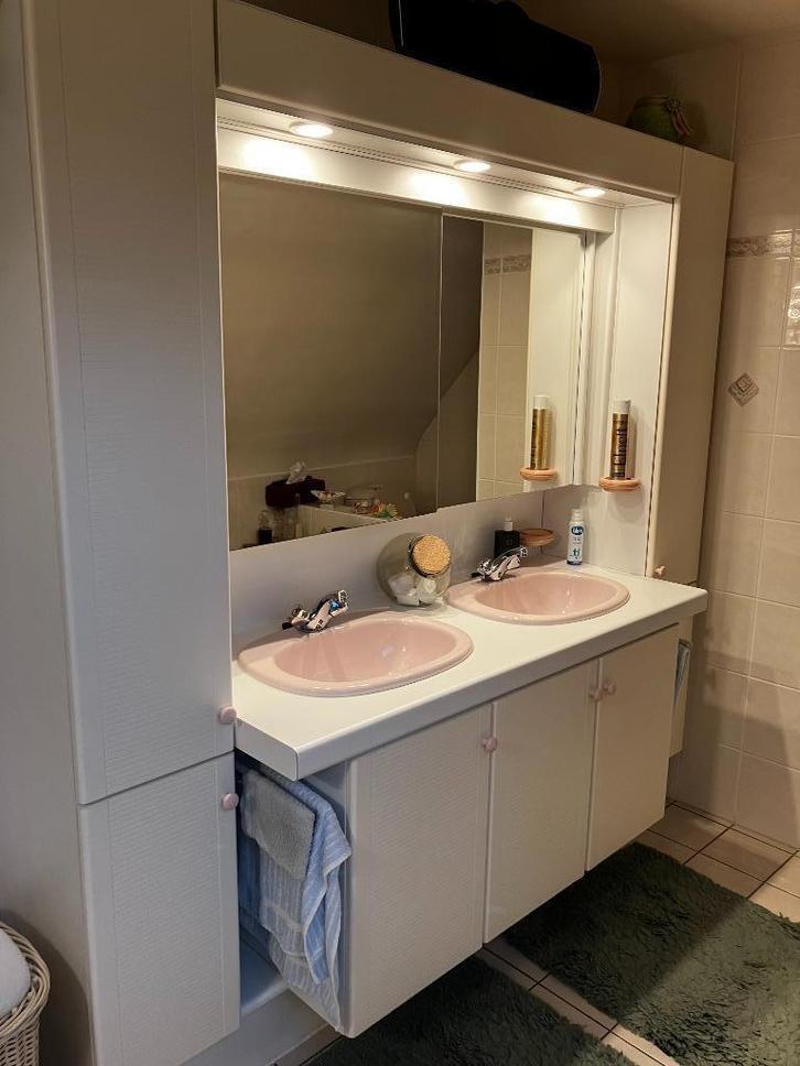 badkamermeubel dubbele waskom en spiegelkast, Huis en Inrichting, Badkamer | Badkamermeubels, Gebruikt, Wastafelkast, 200 cm of meer