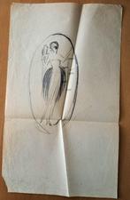 A493-72 Oude tekening Vrouw met vogel - art deco, Antiek en Kunst, Kunst | Tekeningen en Fotografie, Ophalen of Verzenden