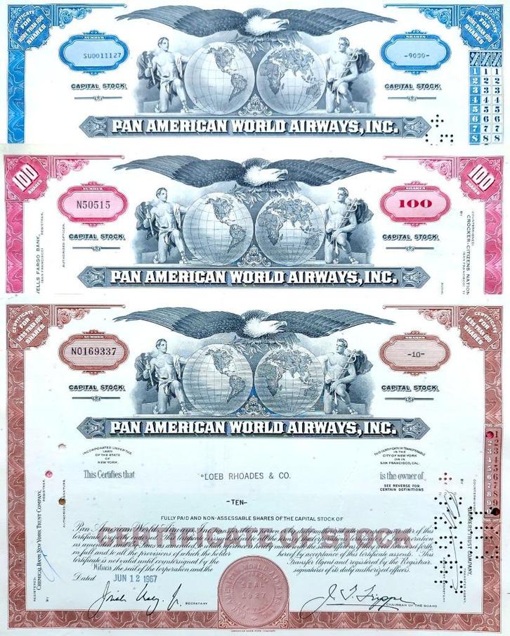 3X PAN AMerican World Airways Inc. (Juan Trippe) 1964-67, Postzegels en Munten, Aandelen en Waardepapieren, Certificaat van aandeel