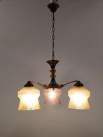 Art deco 3-armige luchter met rosalineglas, Ophalen of Verzenden