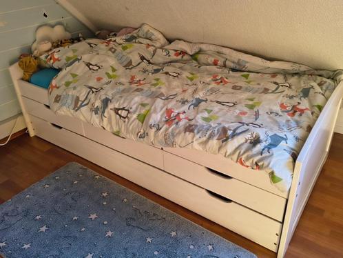Wit houten bed met 3 laden en uitrolbaar logeerbed (bedlade), Huis en Inrichting, Slaapkamer | Bedden, Gebruikt, Eenpersoons, 90 cm