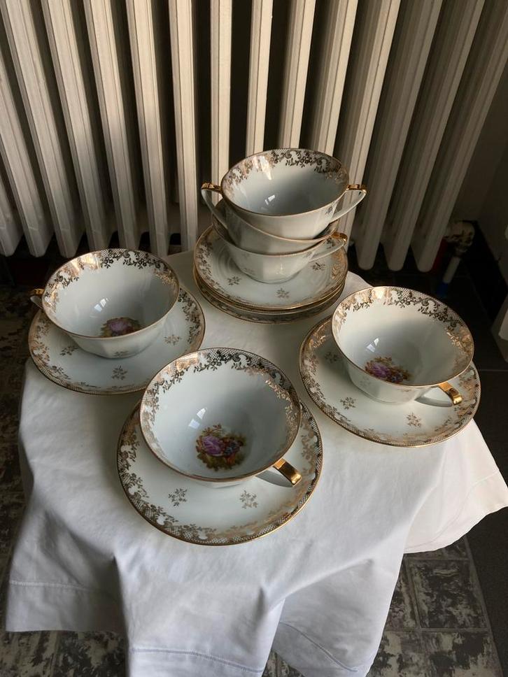 Set van 6 vintage Limoges kopjes en schotels. Frankrijk, Antiek en Kunst, Antiek | Servies compleet, Ophalen of Verzenden