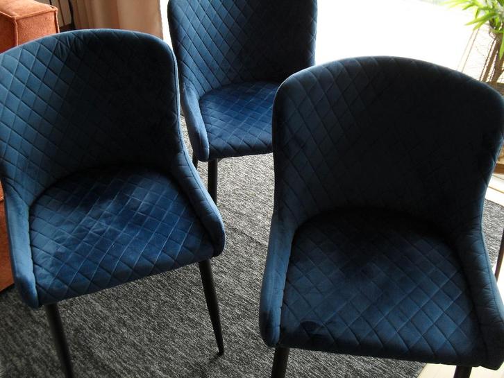 Luxe eetkamerstoelen, Huis en Inrichting, Stoelen, Gebruikt, Drie, Metaal, Stof, Blauw, Ophalen