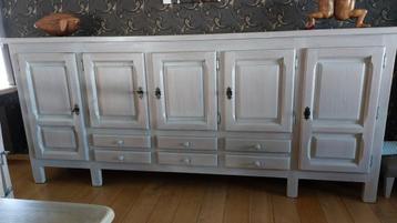 Massief eiken eetplaats. Kleur  witgrijs  dressoir 5 deuren, Avec tiroir(s), 200 cm ou plus, Comme neuf, Enlèvement