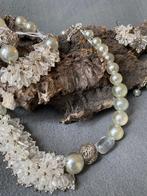 Juwelenset met glasparels, Handtassen en Accessoires, Kettingen, Ophalen, Nieuw, Beige, Zilver