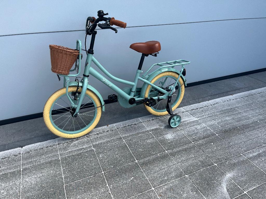 Kinderfiets 14 inch met bijhorende zijwieltjes, Overige merken, Stabilisateurs, Frein à rétropédalage, Comme neuf