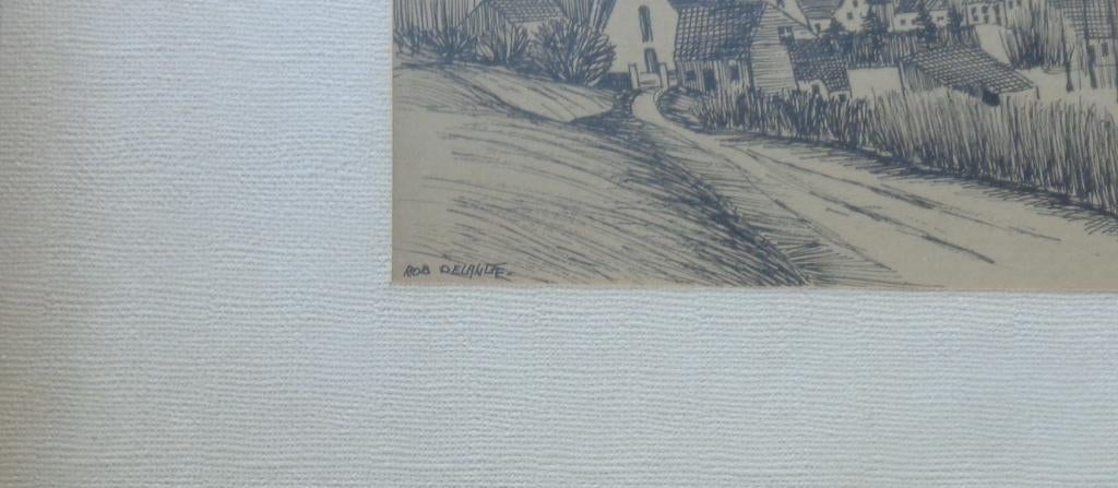 ROB DELANGE / DORPSZICHT / ORIGINEEL WERK / 53x36cm / KADER, Enlèvement ou Envoi