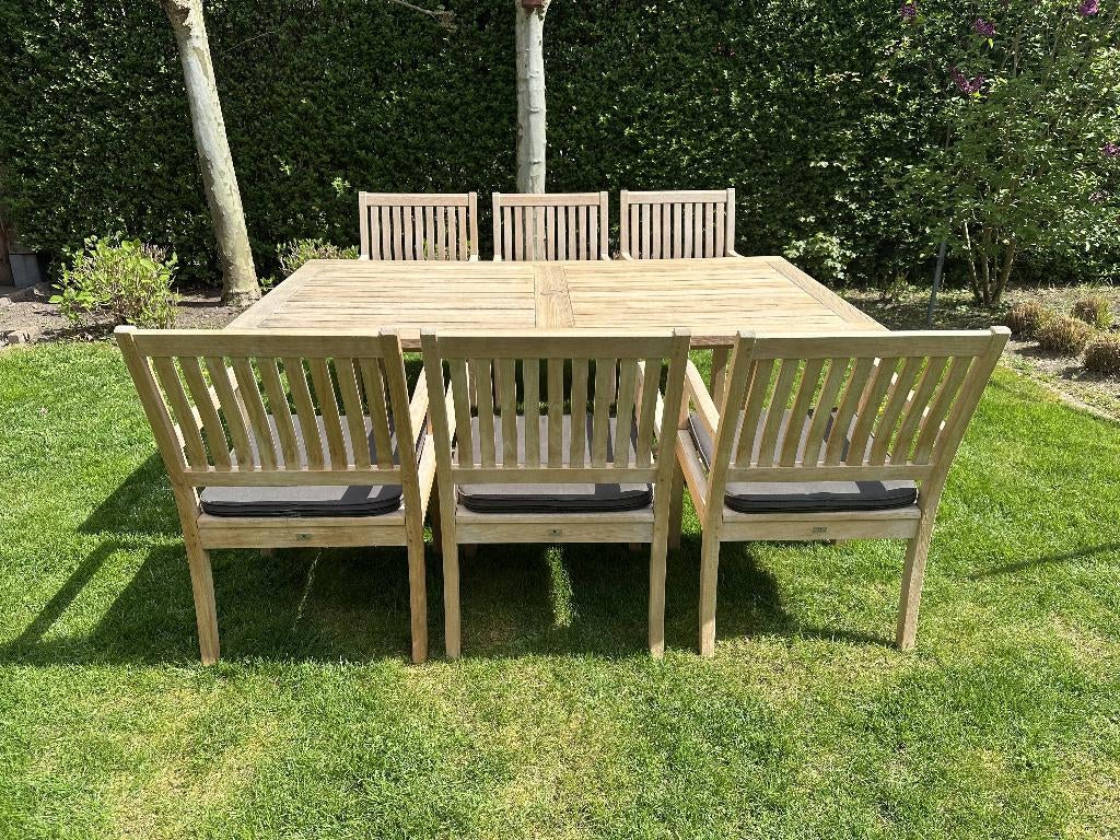 gloster teakhouten tuinset, Tuin en Terras, Tuinsets en Loungesets, Ophalen, 6 zitplaatsen, Teakhout, Zo goed als nieuw