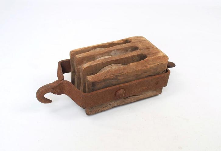 oude 3-voudige houten katrol, Antiek en Kunst, Antiek | Gereedschap en Instrumenten, Ophalen of Verzenden