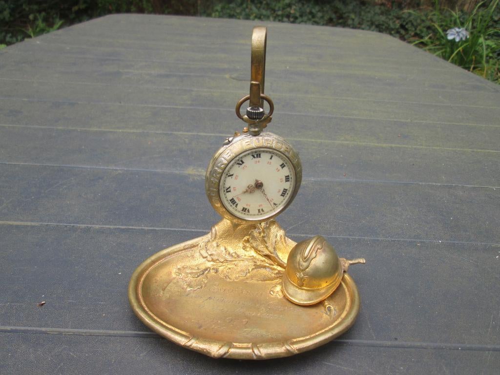 Vuurverguld brons Horloge standaard met Franse helm 919 TOP, Verzamelen, Ophalen of Verzenden