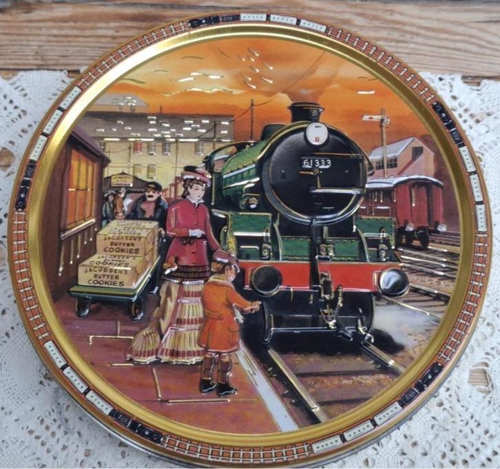 Deens blik met locomotief, trein, Jacobsens Bakery, Collections, Boîte en métal, Utilisé, Biscuits, Autres marques, Enlèvement ou Envoi