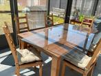 Tafel met beschermglas en 6 stoelen met kussens, Tuin en Terras, Tuintafels, Ophalen, Zo goed als nieuw, Rechthoekig, Hout