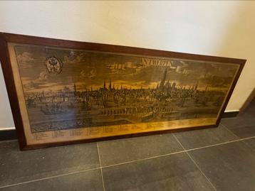 Grote ingelijste prent van Antwerpen stad – 130 x 53 cm beschikbaar voor biedingen