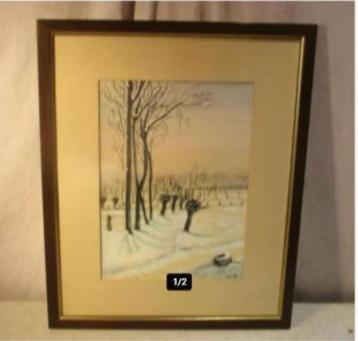 Mooi Aquarel 'Winter op het Land' - Bell beschikbaar voor biedingen