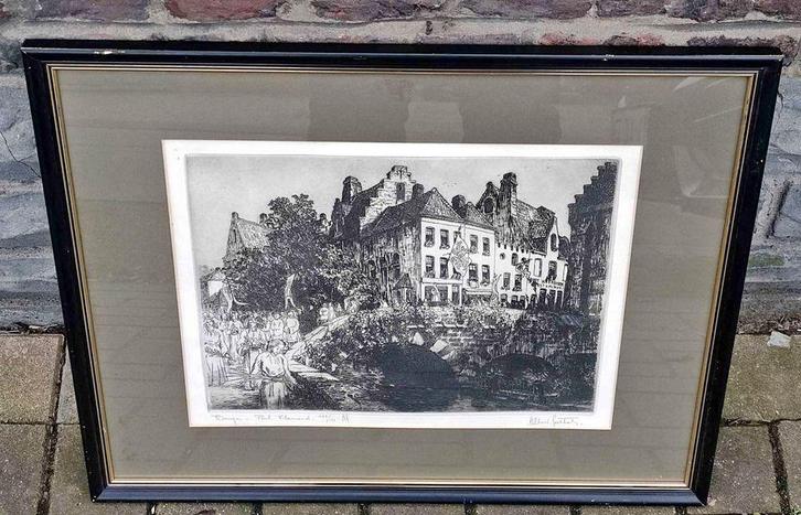 gravure bruges signe albert goethals, Antiek en Kunst, Kunst | Etsen en Gravures, Ophalen of Verzenden