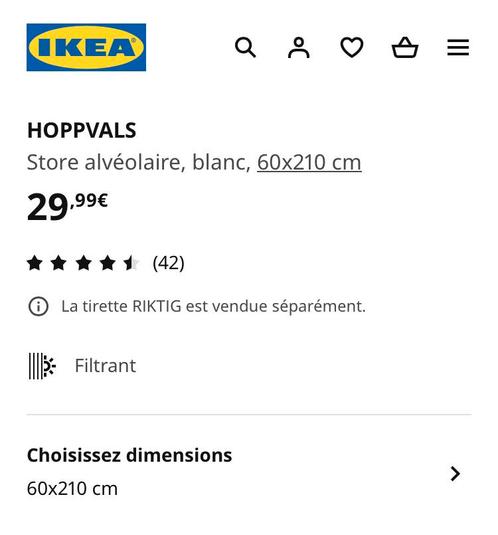 4 Stores alvéolaires IKEA, blancs, 60x210 cm, Maison & Meubles, Ameublement | Rideaux & Stores à lamelles, Comme neuf, 150 à 200 cm