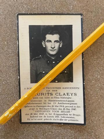 Oorlogsslachtoffer MEI 1940 Onderluitenant 13de Art. CLAEYS beschikbaar voor biedingen