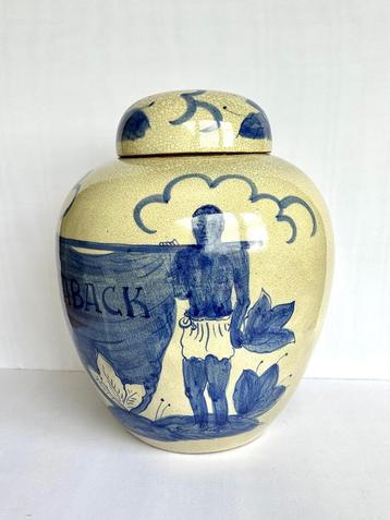 Oude grote aardewerk taback pot dekselpot tabak blauw wit