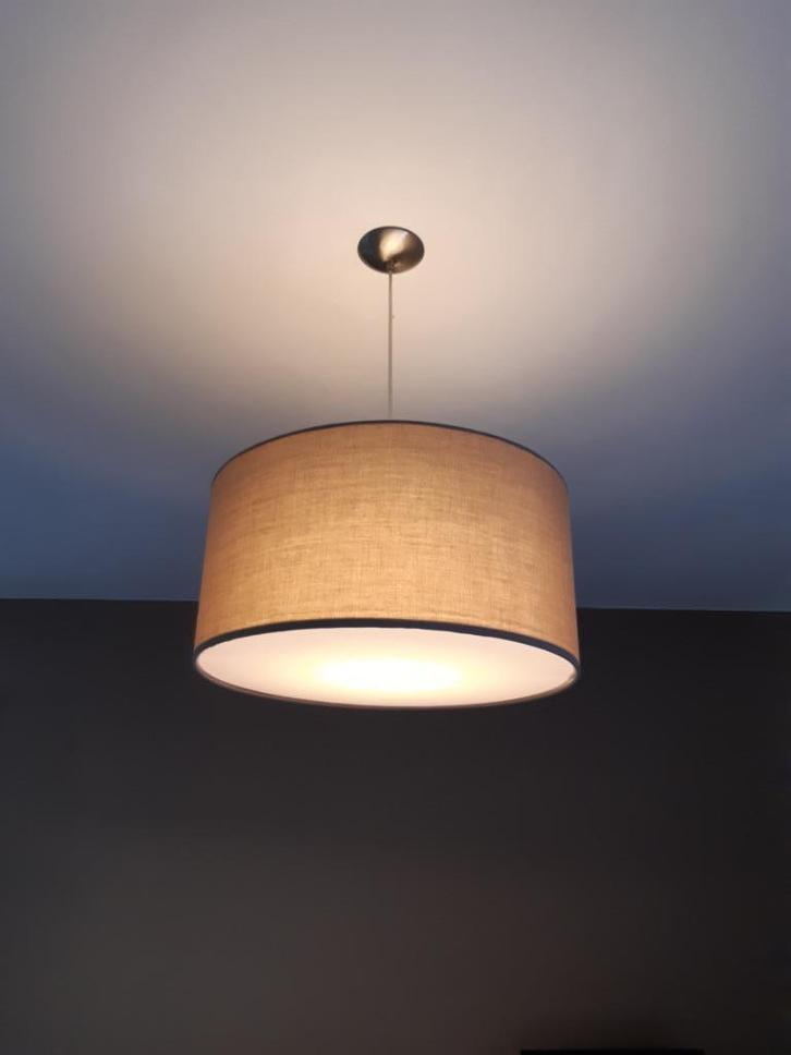 3 hanglampen (incl lamp) -taupe: 50 x 25cm, 20 x17cm, Huis en Inrichting, Lampen | Hanglampen, Gebruikt, Stof, Ophalen