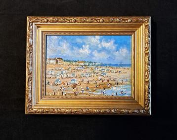 Marin Gérald huile sur toile « Plage animée » belle œuvre disponible aux enchères