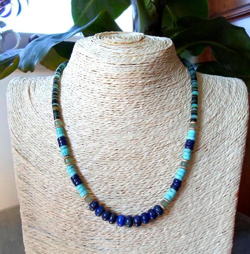 Indiaanse ketting man of vrouw in turkoois en lapis Surfer, Handtassen en Accessoires, Kettingen, Nieuw, Zilver, Blauw, Met edelsteen