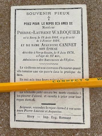 ANCIEN BP SIVRY HAINAUT M. PIERRE LAURENT WAROQUIER 18/8/180, Enlèvement ou Envoi, Image pieuse