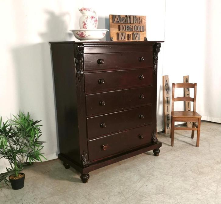 Hoge antieke linnen-/ladekast in mahonie kleur H 148 B 122, Antiek en Kunst, Curiosa en Brocante, Ophalen